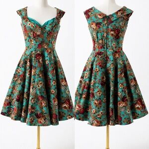Lindy Bop Teal Floral Fit-and-Flare Midi Dress